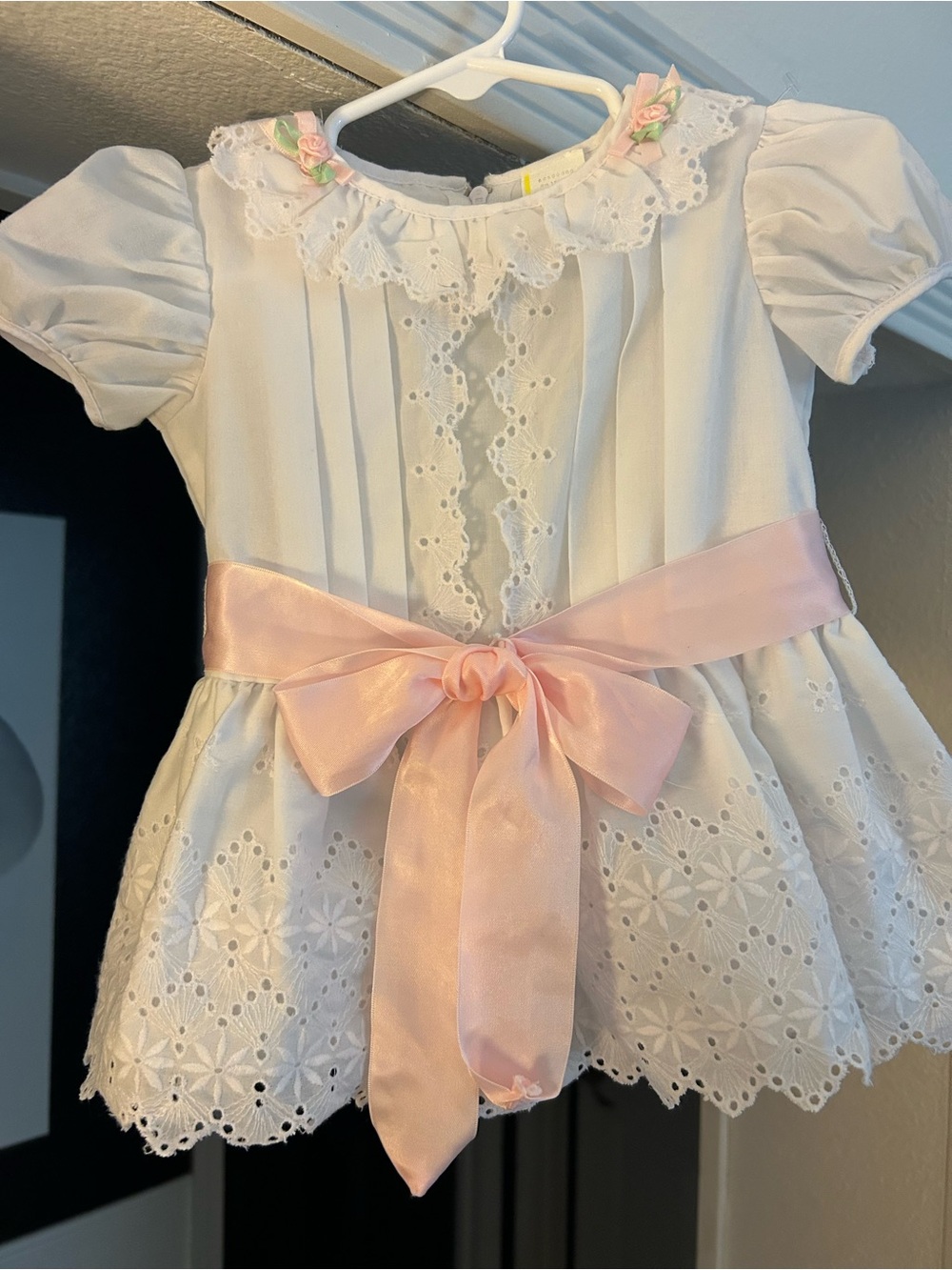 Vintage White Eyelet Baby Dress with Pink Satin Bow Accent